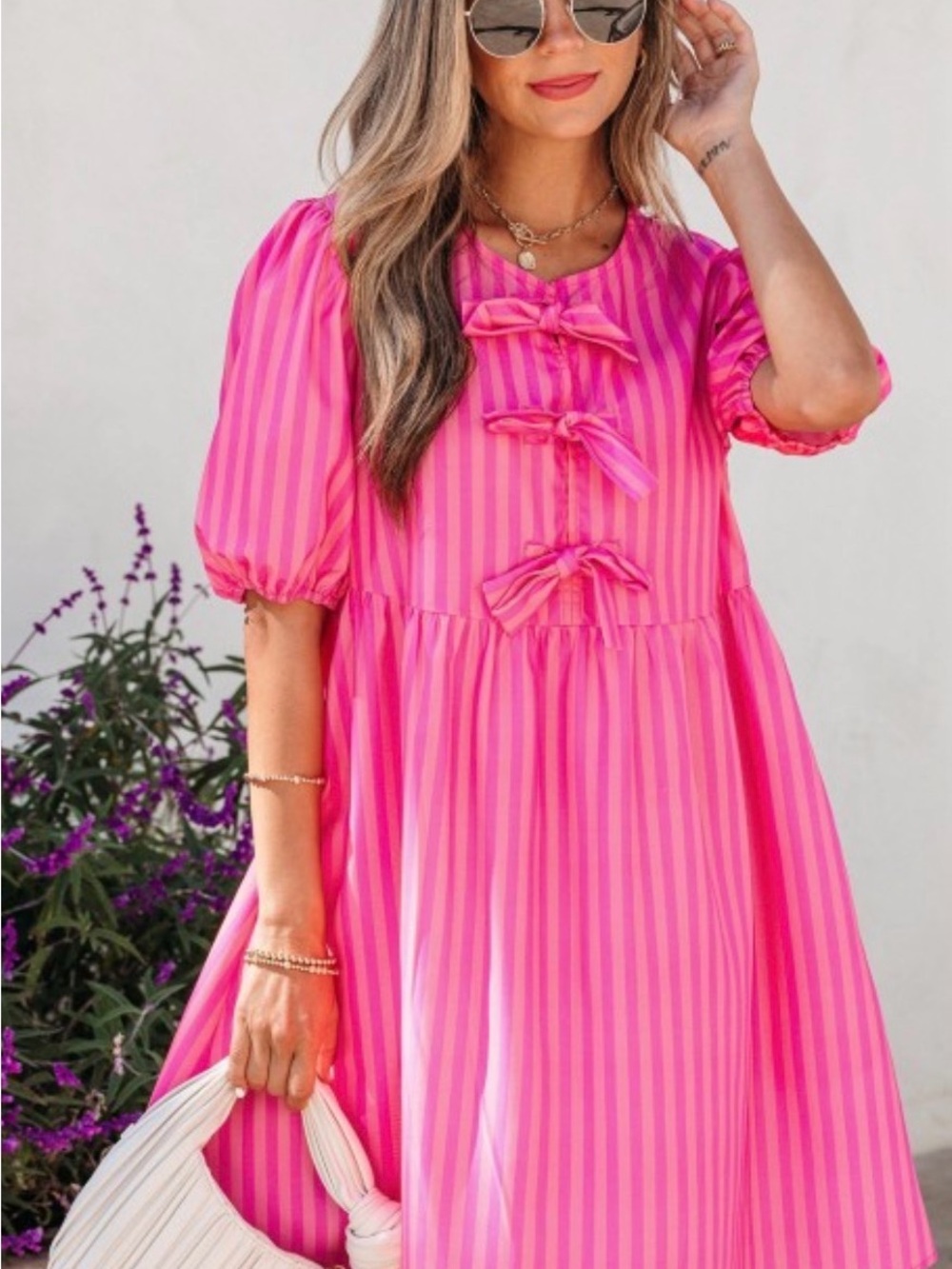 Bright Pink Striped Maxi Dress with Front Bows